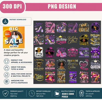 Birthday Queen PNG Bundle, Birthday Girl Shirt Design, Queen Birthday Sublimation PNG, Glam Birthday Party Digital Download