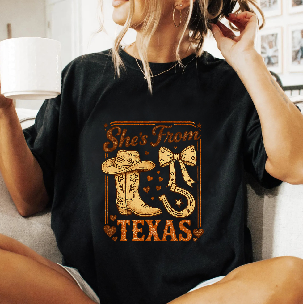 She's From Texas PNG, Western Cowgirl Boots, Lucky Horseshoe, Rustic Country Girl, Rodeo Shirt Sublimation, Digital Download