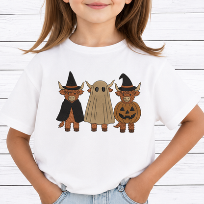 Halloween Highland Cows Trio Machine Embroidery Design - Spooky Farmhouse Ghost Pumpkin Digital File (4in, 5in, 7in, 9in) - EMB, DST, JEF, EXP, PES, VP3, HUS, XXX
