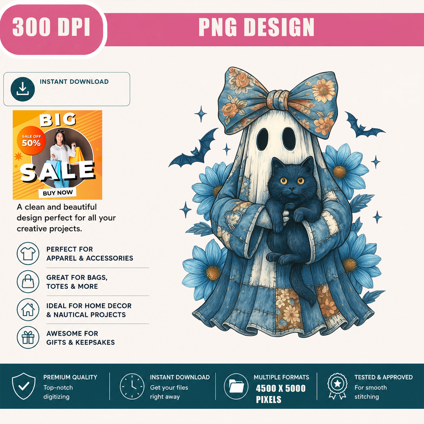 Blue Coquette Ghost PNG Sublimation Design - Vintage Floral Patchwork Sheet Ghost Black Cat Daisy Digital File (4500x5000px, 300 DPI Transparent PNG)