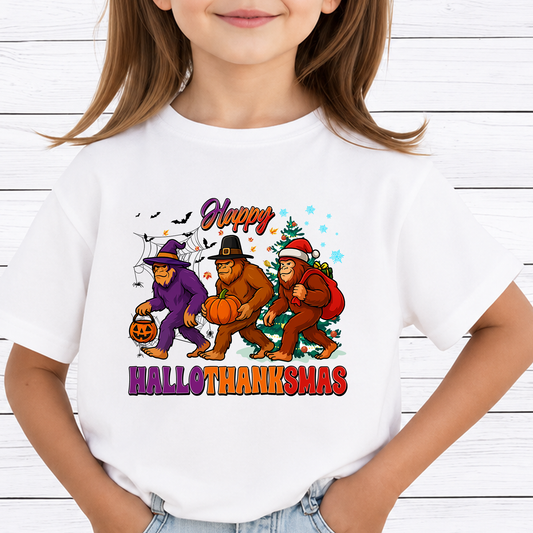 Bigfoot Hallothanksmas PNG Sublimation Design - Happy Hallothanksmas Sasquatch Halloween Thanksgiving Christmas Digital File (4500x5000px, 300 DPI Transparent PNG)