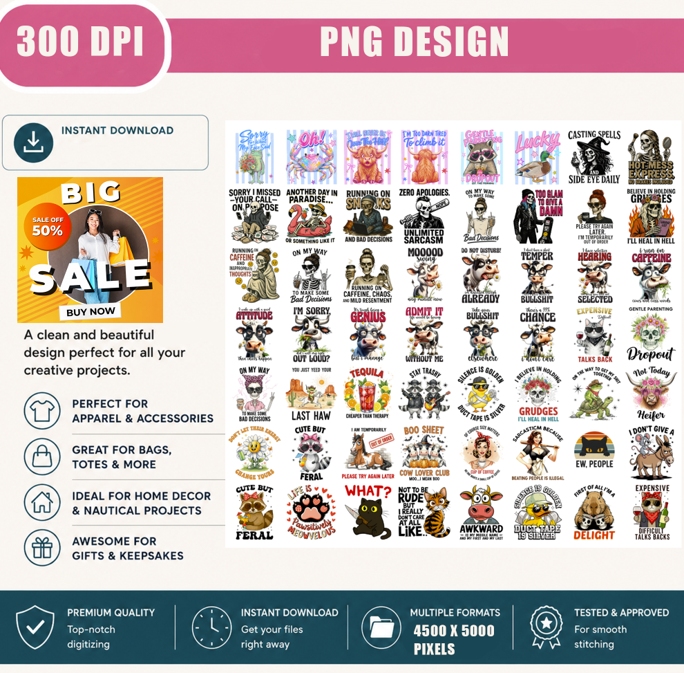 Funny Sarcastic PNG Bundle, Skeleton Cow Coffee Quotes, Funny Animal Meme Shirt Designs, Sublimation PNG Digital Download