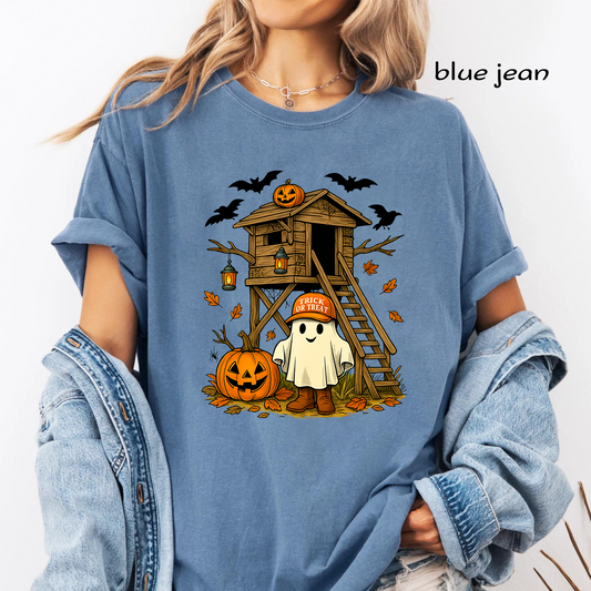 Halloween Treehouse PNG Sublimation Design - Cute Ghost in Boots Trick or Treat Pumpkin Digital File (4500x5000px, 300 DPI Transparent PNG)