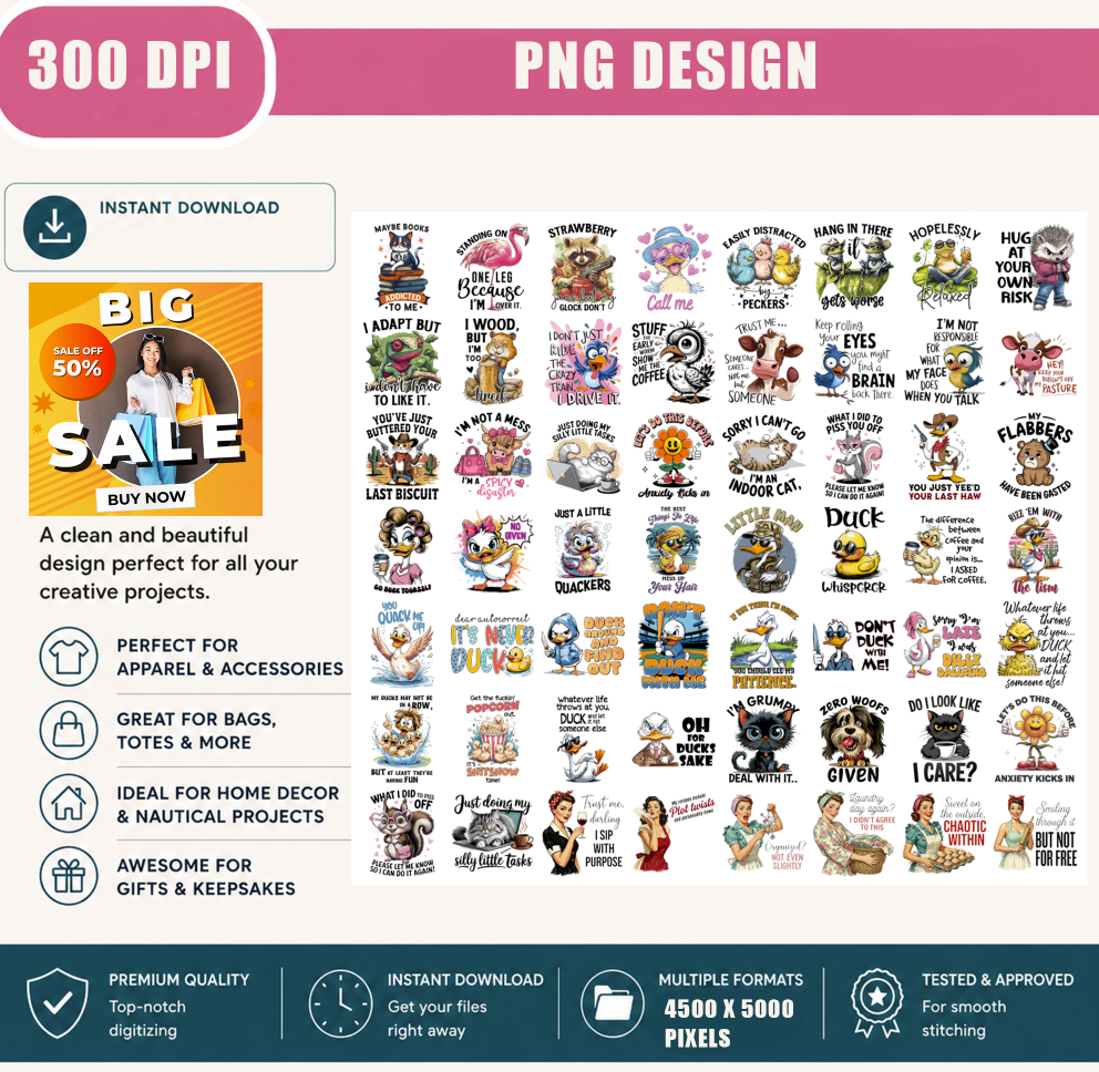 Funny Animal PNG Bundle, Sarcastic Quotes, Duck Cat Cow Bird Frog Dog Retro Vintage Shirt Designs, Sublimation PNG Digital Download