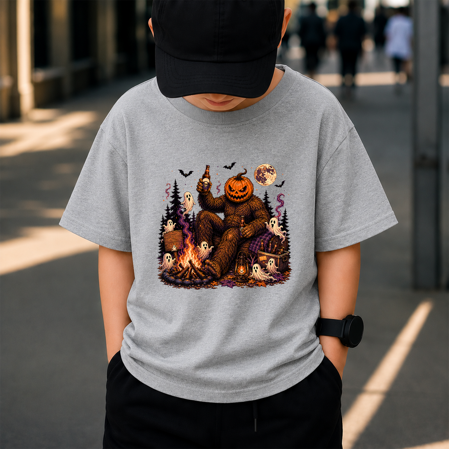 Halloween Bigfoot Pumpkin Head PNG, Sasquatch Campfire Beer PNG, Spooky Ghost Halloween Shirt Design, Vintage Horror Digital Download, 300 DPI Transparent PNG