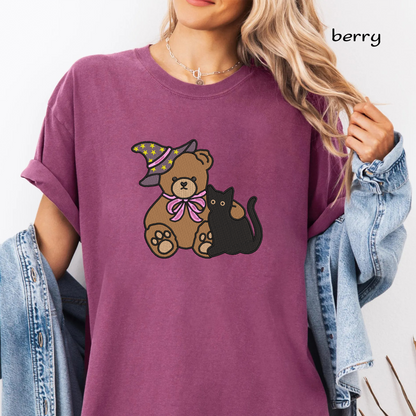 Witch Teddy Bear and Black Cat Machine Embroidery Design - Cute Pink Bow Halloween Digital File (4in, 5in, 7in, 9in) - EMB, DST, JEF, EXP, PES, VP3, HUS, XXX