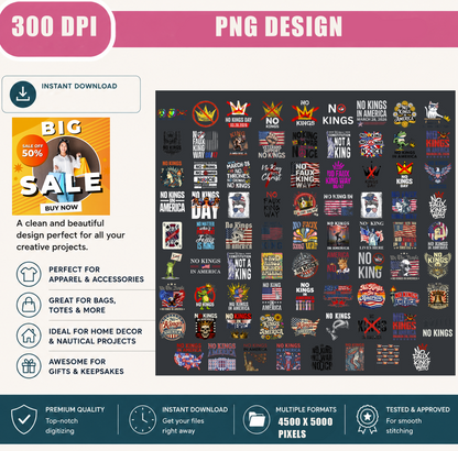 No Kings PNG Bundle, Patriotic Protest Quotes, Political Statement Sublimation Designs, USA Digital Download