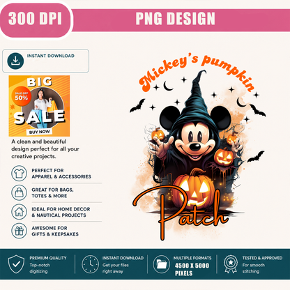 Mickey's Pumpkin Patch PNG Sublimation Design - Magical Spooky Mouse Witch Halloween Digital File (4500x5000px, 300 DPI Transparent PNG)