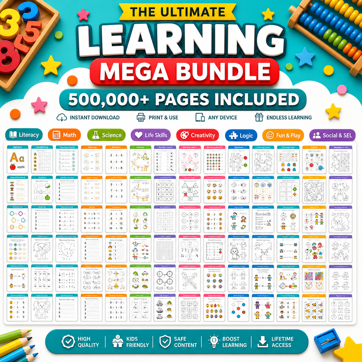 500,000+ Kids Educational Worksheets PDF Bundle - Alphabet, Math & Shapes - MRR & PLR Included