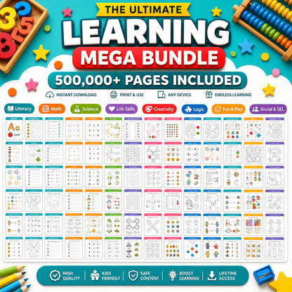 500,000+ Kids Educational Worksheets PDF Bundle - Alphabet, Math & Shapes - MRR & PLR Included