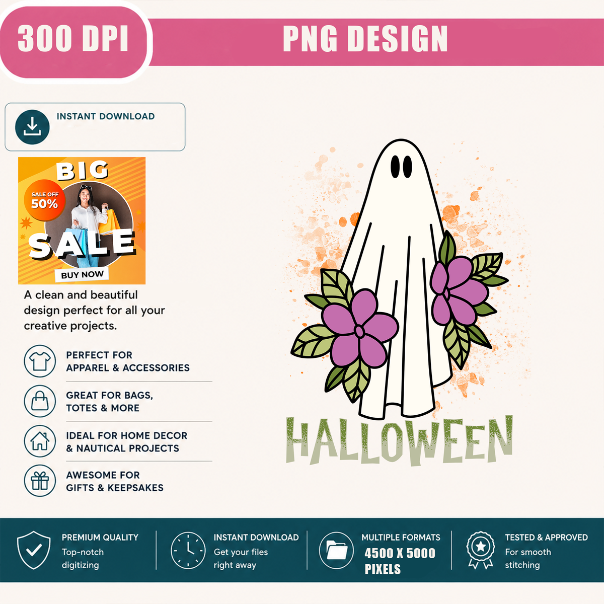 Floral Ghost PNG Sublimation Design - Cute Botanical Flower Sheet Ghost Halloween Digital File (4500x5000px, 300 DPI Transparent PNG)