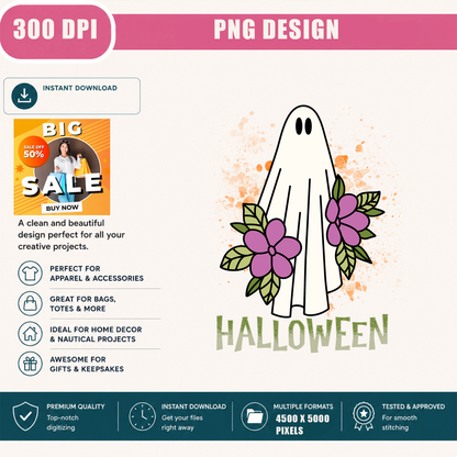 Floral Ghost PNG Sublimation Design - Cute Botanical Flower Sheet Ghost Halloween Digital File (4500x5000px, 300 DPI Transparent PNG)