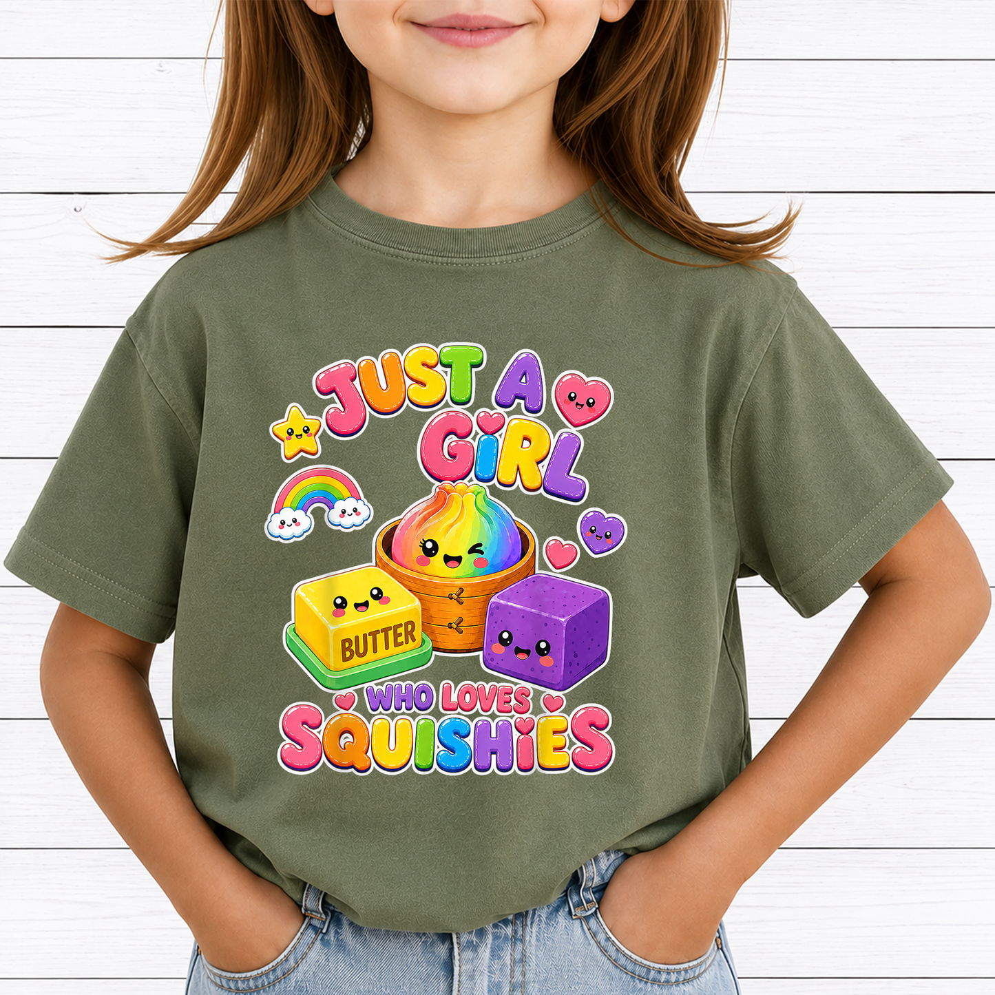 Just A Girl Who Loves Squishies PNG Sublimation Design - Cute Kawaii Rainbow Dumpling Butter Toy Kids Shirt Digital File (4500x5000px, 300 DPI Transparent PNG)