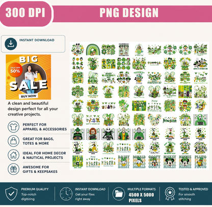 St. Patrick's Day Character Inspired PNG Bundle, Lucky Green Holiday Sublimation Designs, Cute Cartoon Digital Download