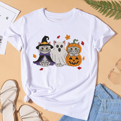Halloween Cats Trio Machine Embroidery Design - Witch Ghost Pumpkin Kitten Digital File (4in, 5in, 7in, 9in) - EMB, DST, JEF, EXP, PES, VP3, HUS, XXX