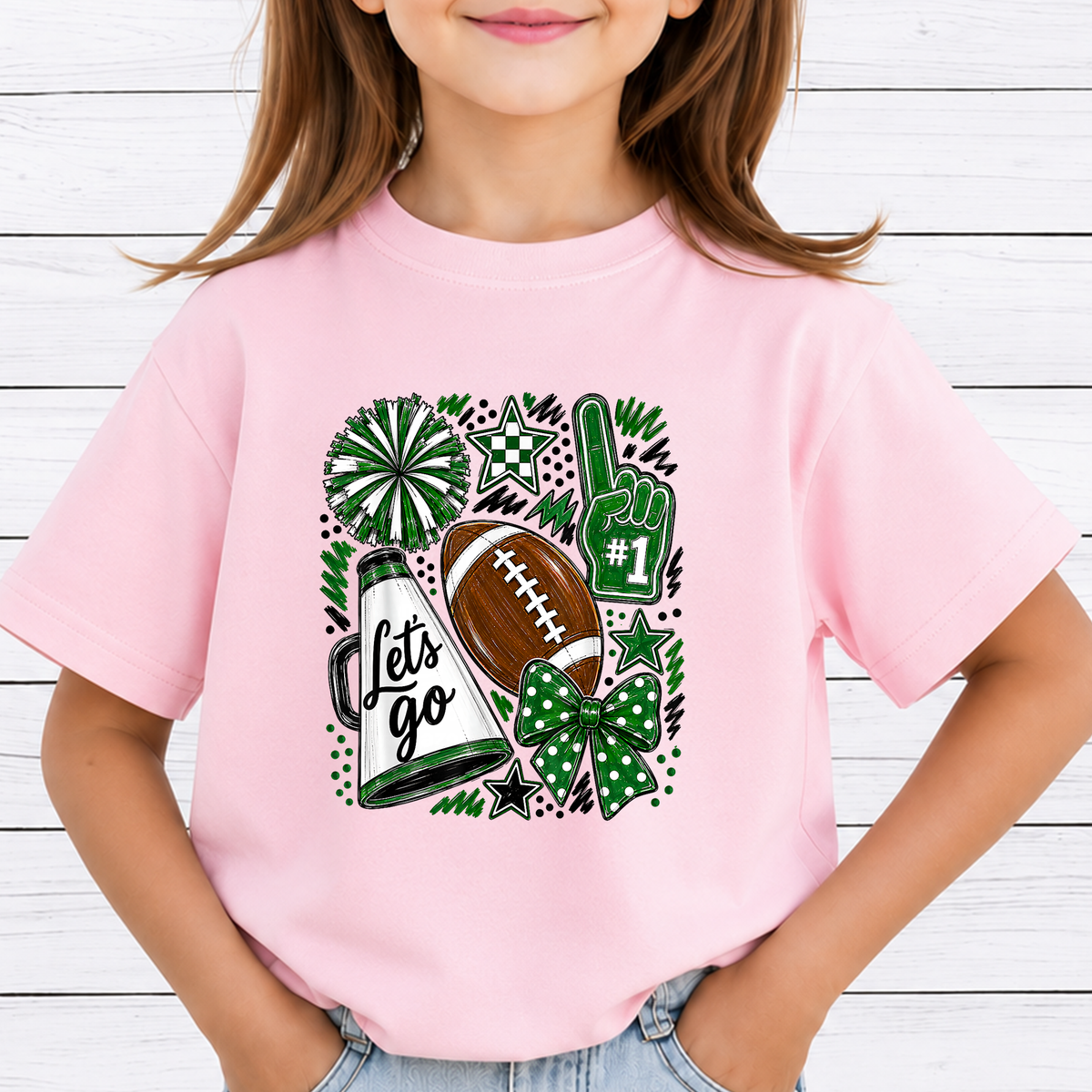 Football Game Day PNG Sublimation Design - 2 Pack Red Green Cheer Megaphone Pom Poms Bow Digital File (4500x5000px, 300 DPI Transparent PNG)