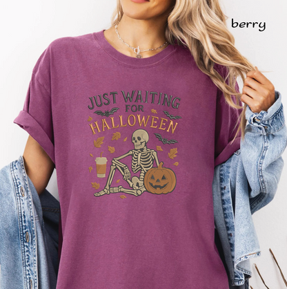 Just Waiting for Halloween Embroidery Design, Skeleton with Pumpkin Machine Embroidery File, Funny Halloween Quote, PES DST EXP JEF VP3 HUS XXX