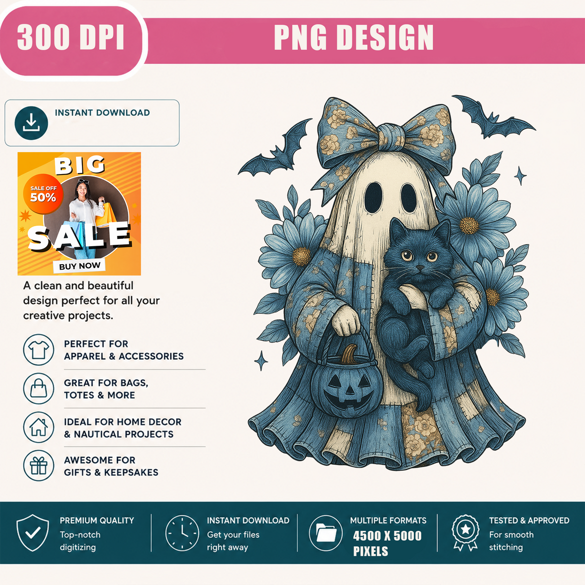 Blue Coquette Ghost PNG Sublimation Design - Vintage Floral Patchwork Sheet Ghost Black Cat Pumpkin Bucket Digital File (4500x5000px, 300 DPI Transparent PNG)
