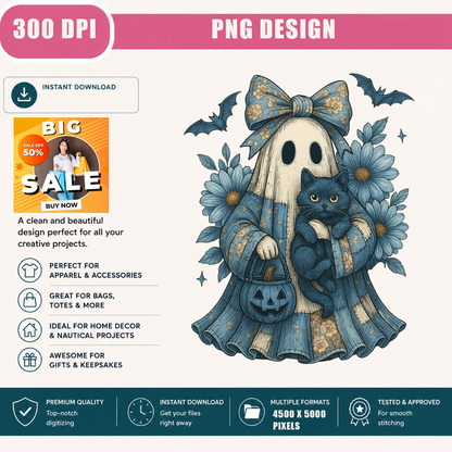 Blue Coquette Ghost PNG Sublimation Design - Vintage Floral Patchwork Sheet Ghost Black Cat Pumpkin Bucket Digital File (4500x5000px, 300 DPI Transparent PNG)