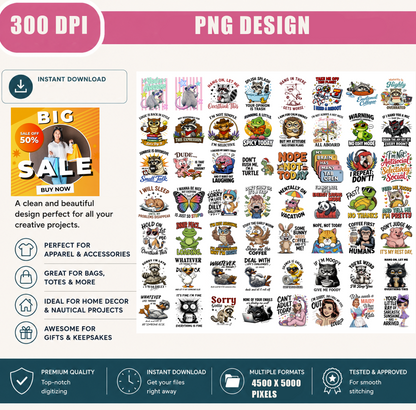 Funny Animal PNG Bundle, Sarcastic Quotes, Raccoon Cat Owl Turtle Coffee Humor Shirt Designs, Sublimation PNG Digital Download