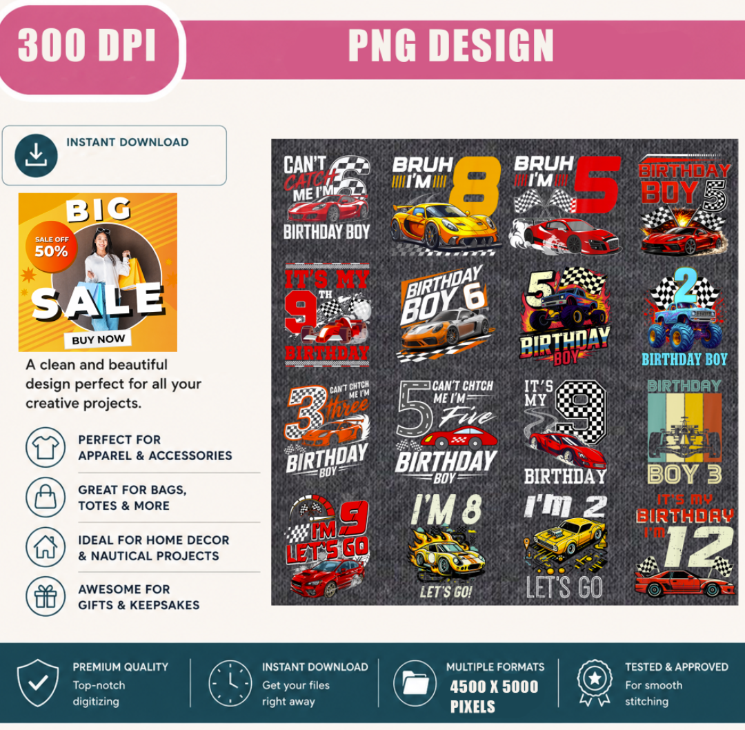 16+ Race Car Birthday PNG Bundle, Birthday Boy Racing Shirt Designs, Kids Race Car Party Sublimation Collection, Printable Digital Download