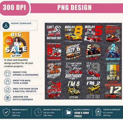16+ Race Car Birthday PNG Bundle, Birthday Boy Racing Shirt Designs, Kids Race Car Party Sublimation Collection, Printable Digital Download