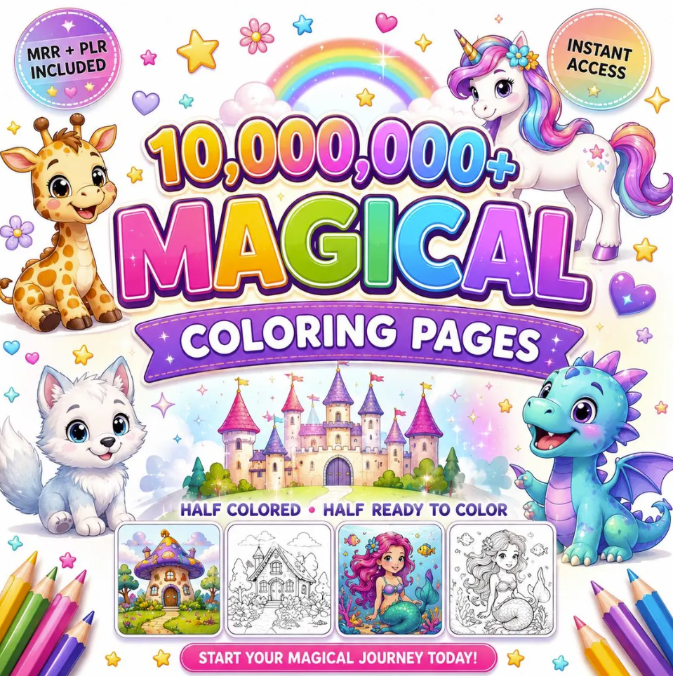 10 Million+ Kids Coloring Pages Printable PDF Bundle - MRR & PLR Included for Resell