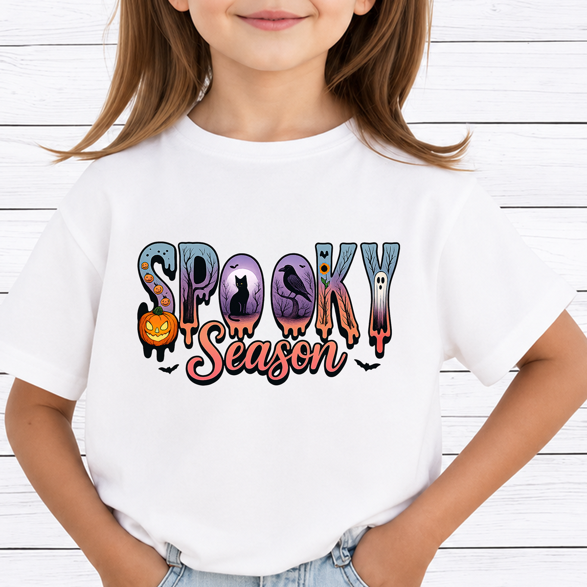 Spooky Season PNG Sublimation Design - Retro Halloween Shirt Digital Download - Ghost Pumpkin Black Cat Raven 300 DPI PNG File