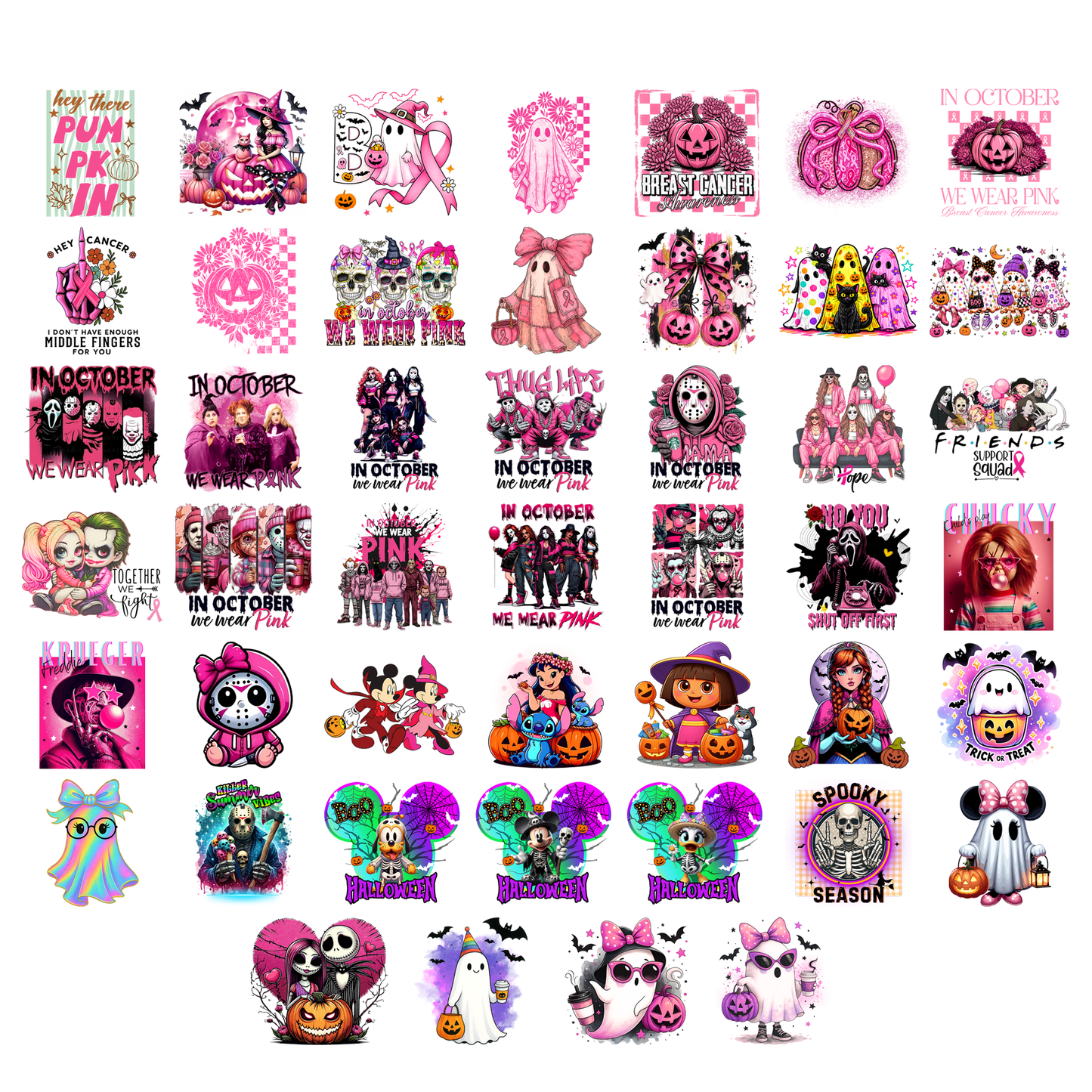 Pink Halloween PNG Bundle - In October We Wear Pink & Horror Movies Sublimation Designs 300 DPI