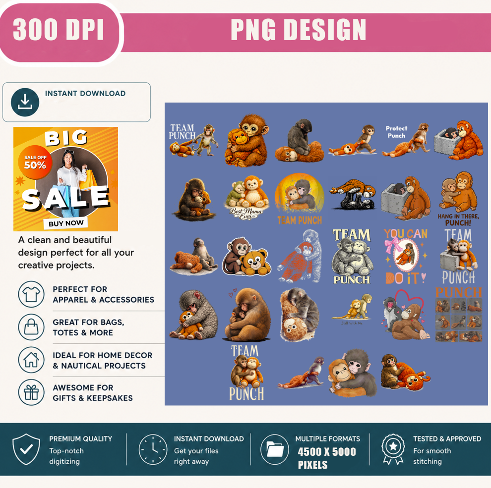 Team Punch Monkey PNG Bundle, Cute Monkey Hug Shirt Design, Funny Monkey Sublimation PNG, Animal Lover Digital Download