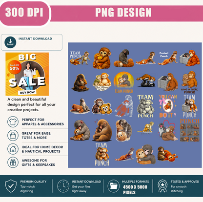 Team Punch Monkey PNG Bundle, Cute Monkey Hug Shirt Design, Funny Monkey Sublimation PNG, Animal Lover Digital Download