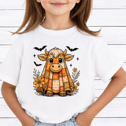 Cute Ghost Highland Cow PNG Sublimation Design - Floral Patchwork Sheet Ghost Halloween Digital File (4500x5000px, 300 DPI Transparent PNG)