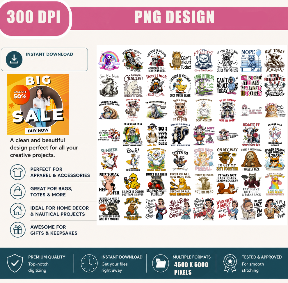 Funny Animal PNG Bundle, Sarcastic Quotes, Skeleton Raccoon Duck Cat Cow Shirt Designs, Sublimation PNG Digital Download
