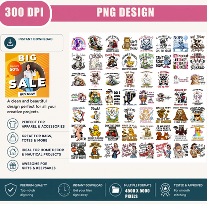Funny Animal PNG Bundle, Sarcastic Quotes, Skeleton Raccoon Duck Cat Cow Shirt Designs, Sublimation PNG Digital Download