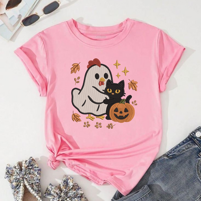Ghost Chicken Black Cat Machine Embroidery Design - Spooky Farmhouse Pumpkin Digital File (4in, 5in, 7in, 9in) - EMB, DST, JEF, EXP, PES, VP3, HUS, XXX