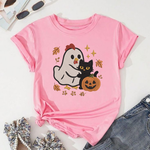 Ghost Chicken Black Cat Machine Embroidery Design - Spooky Farmhouse Pumpkin Digital File (4in, 5in, 7in, 9in) - EMB, DST, JEF, EXP, PES, VP3, HUS, XXX