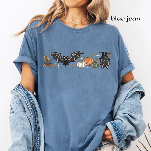 Bats and Pumpkins Neckline Border Machine Embroidery Design - Vintage Fall Halloween Sweatshirt Line Digital File (4in, 5in, 7in, 9in) - EMB, DST, JEF, EXP, PES, VP3, HUS, XXX