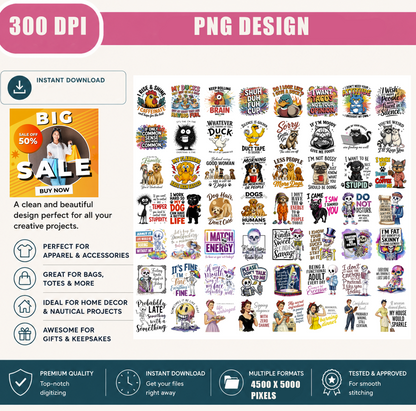 Funny Animal PNG Bundle, Sarcastic Quotes, Duck Dog Cat Chicken Skeleton Retro Vintage Shirt Designs, Sublimation PNG Digital Download