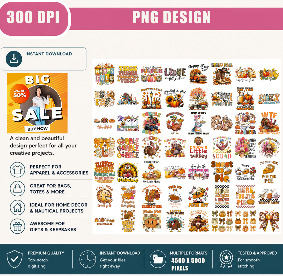 Thanksgiving PNG Bundle, Turkey, Gobble Gobble, Pumpkin Pie, Hello Fall, Fall Vibes Shirt Designs, Printable Digital Download