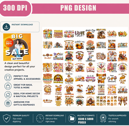Thanksgiving PNG Bundle, Turkey, Gobble Gobble, Pumpkin Pie, Hello Fall, Fall Vibes Shirt Designs, Printable Digital Download