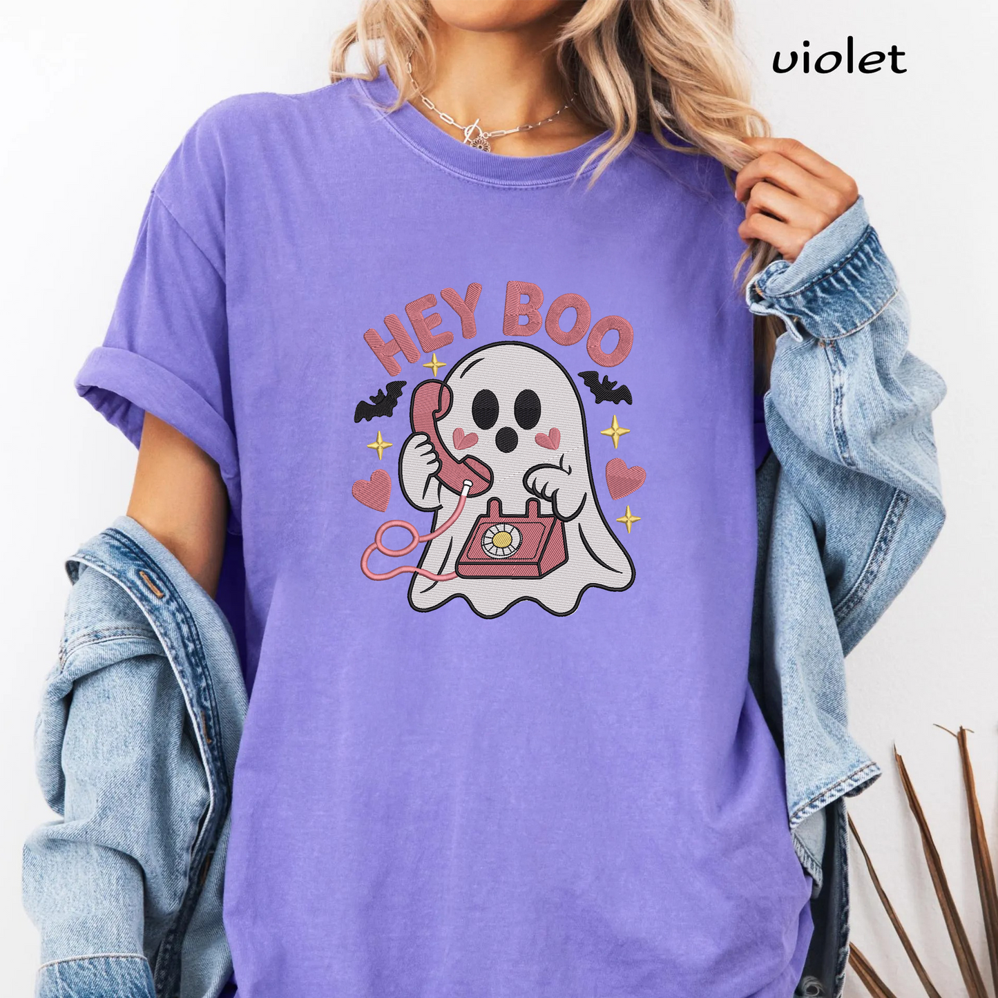 Hey Boo Ghost Embroidery Design, Cute Ghost with Pink Vintage Telephone Machine Embroidery File, Halloween, PES DST EXP JEF VP3 HUS XXX