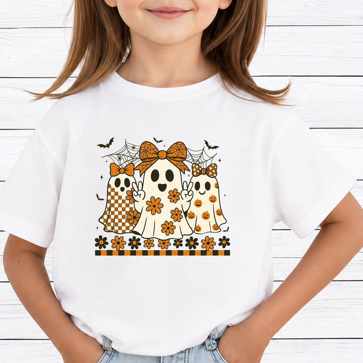 Groovy Coquette Ghosts PNG Sublimation Design - Retro Peace Sign Ghost Bow Daisy Halloween Digital File (4500x5000px, 300 DPI Transparent PNG)