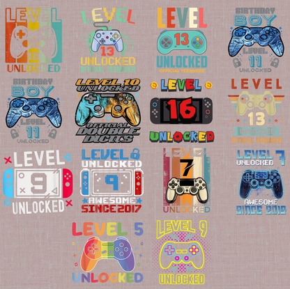 14+ Gaming Birthday PNG Bundle, Level Unlocked Birthday Shirt Designs, Gamer Party Sublimation Collection, Printable Digital Download