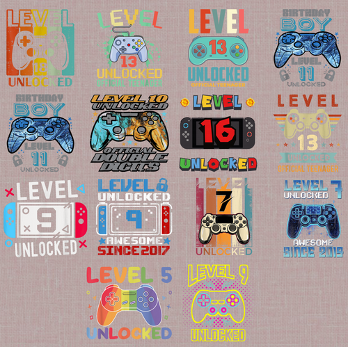 14+ Gaming Birthday PNG Bundle, Level Unlocked Birthday Shirt Designs, Gamer Party Sublimation Collection, Printable Digital Download