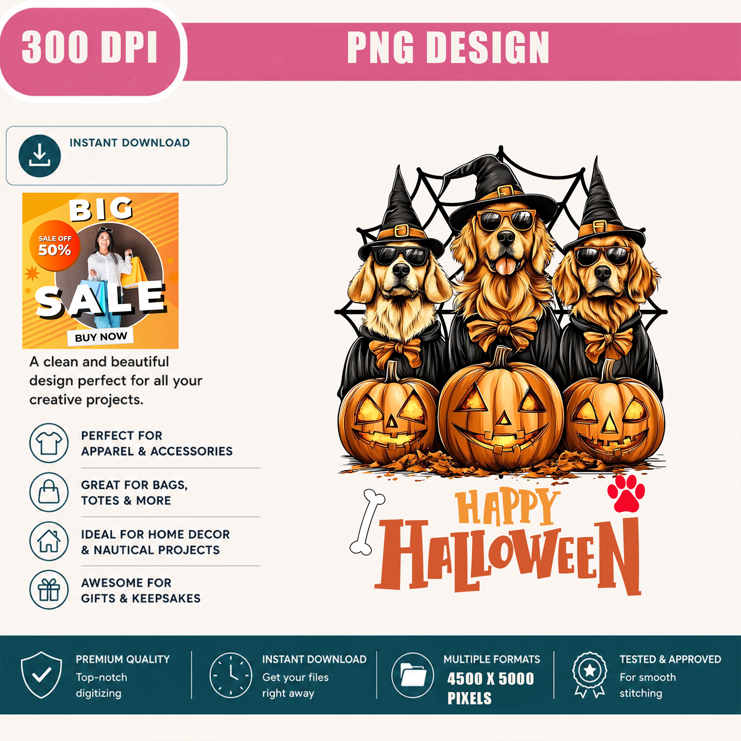 Golden Retriever Halloween PNG Sublimation Design - Cool Dog Mom Witch Sunglasses Pumpkin Paw Digital File (4500x5000px, 300 DPI Transparent PNG)