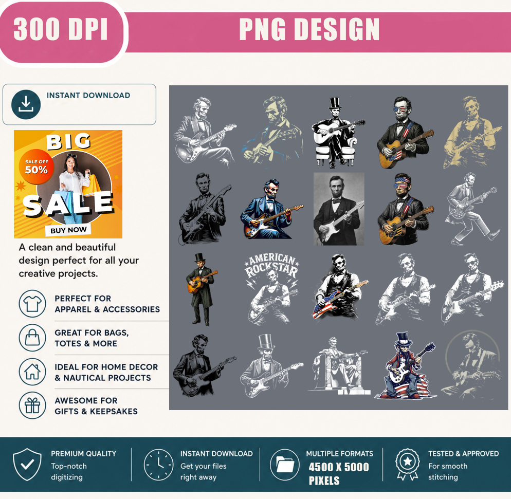 Abraham Lincoln Guitar PNG Bundle, Patriotic American Rocker Sublimation Designs, Vintage USA Guitar Shirt Digital Download
