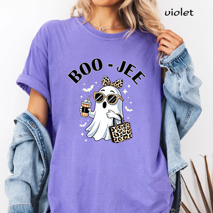 Boojee Ghost PNG Sublimation Design - Trendy Leopard Bow Iced Coffee Glasses Halloween Digital File (4500x5000px, 300 DPI Transparent PNG)