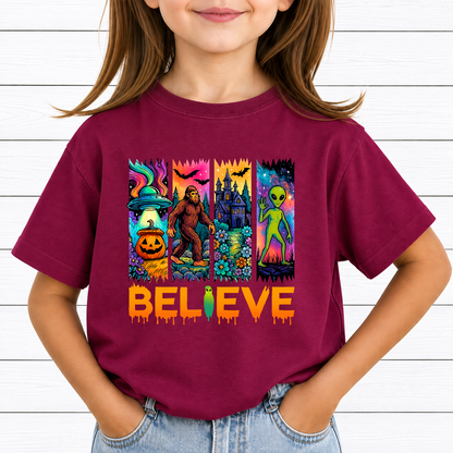 Believe Alien UFO PNG Sublimation Design - Psychedelic Retro Bigfoot Haunted Castle Pumpkin Halloween Digital File (4500x5000px, 300 DPI Transparent PNG)