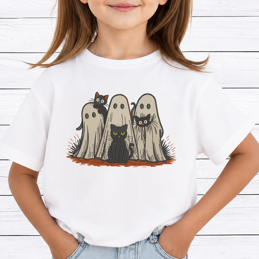 Ghosts and Black Cats Trio Machine Embroidery Design - Spooky Cute Sheet Ghosts Digital File (4in, 5in, 7in, 9in) - EMB, DST, JEF, EXP, PES, VP3, HUS, XXX