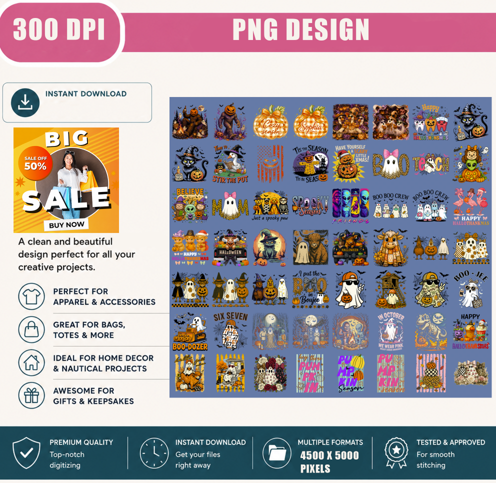 56 PNG Halloween PNG Bundle, Cute Ghost, Pumpkin, Black Cat, Witch, Spooky Season Shirt Designs, Fall Sublimation, Printable Digital Download